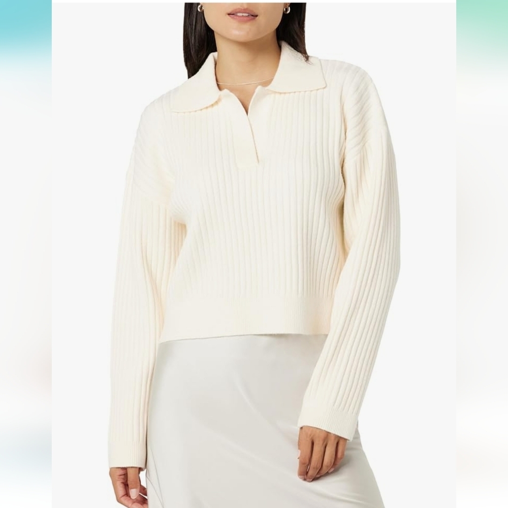 The Drop Women's Marcy Ribbed Polo Pullover Cropped V-neck Top Sweater Size L